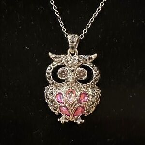 Silver and Pink Crystal Owl Pendant Necklace with black crystals throughout.